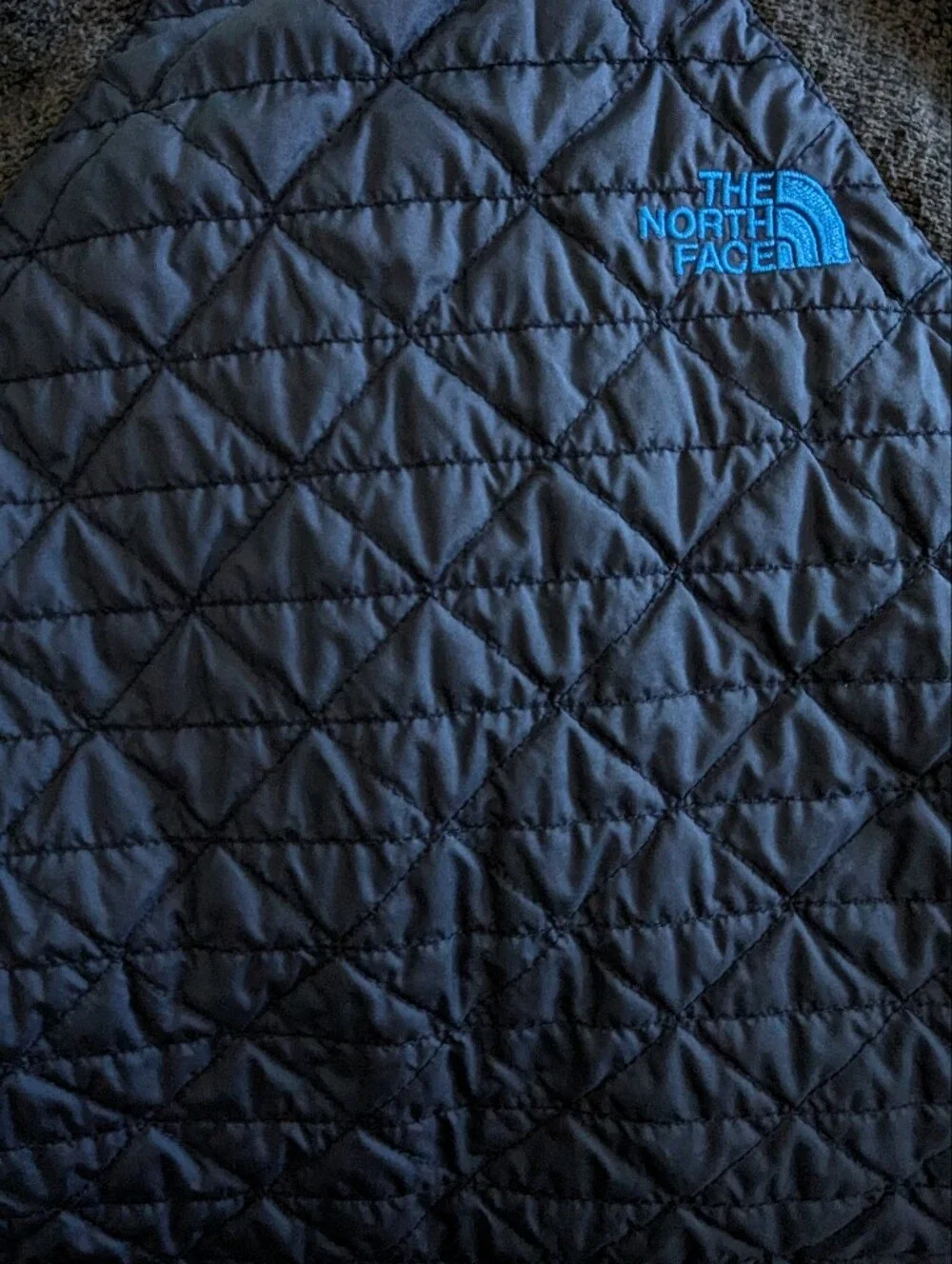 The North Face Kids Navy Quilted Jacket with Gray Sweater Fleece Sleeves Size 3T